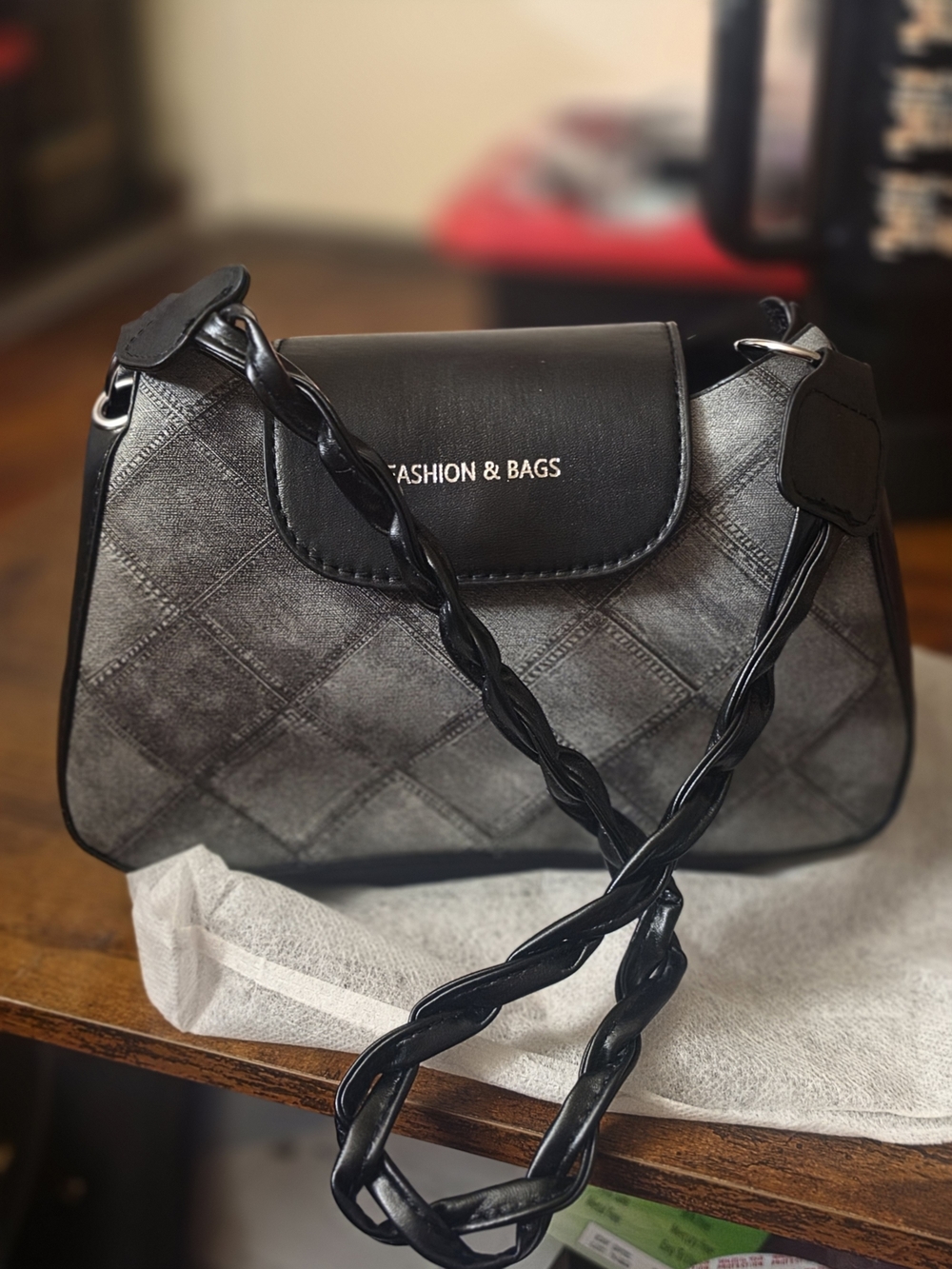 Quilted Gray and Black Shoulder Bag